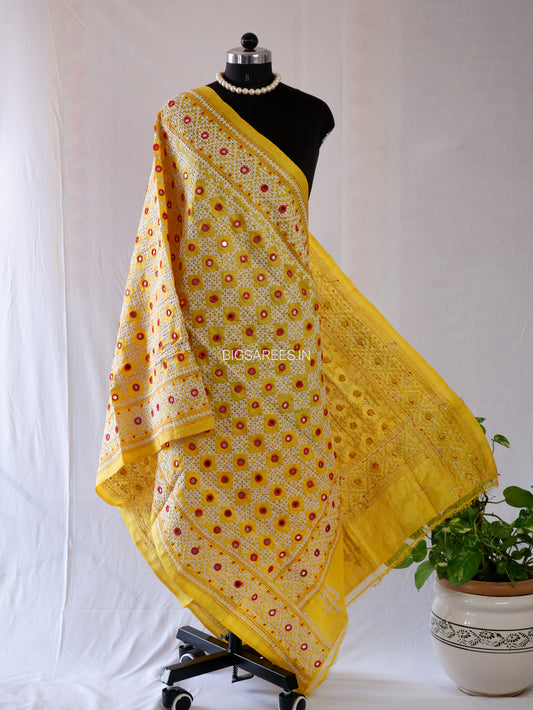 Kutchi Work Hand-Embroidered Dupatta | Pure Tussar Silk | Mirror Work | Yellow