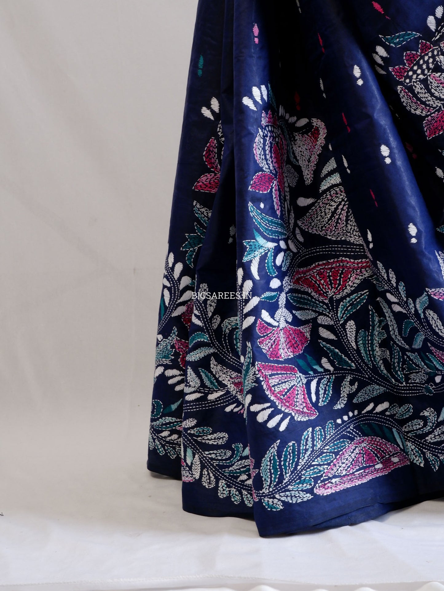 Kantha - Stitch Hand Embroidered Saree | Pure Bangalore Silk | Silk Mark Certified | Navy Blue