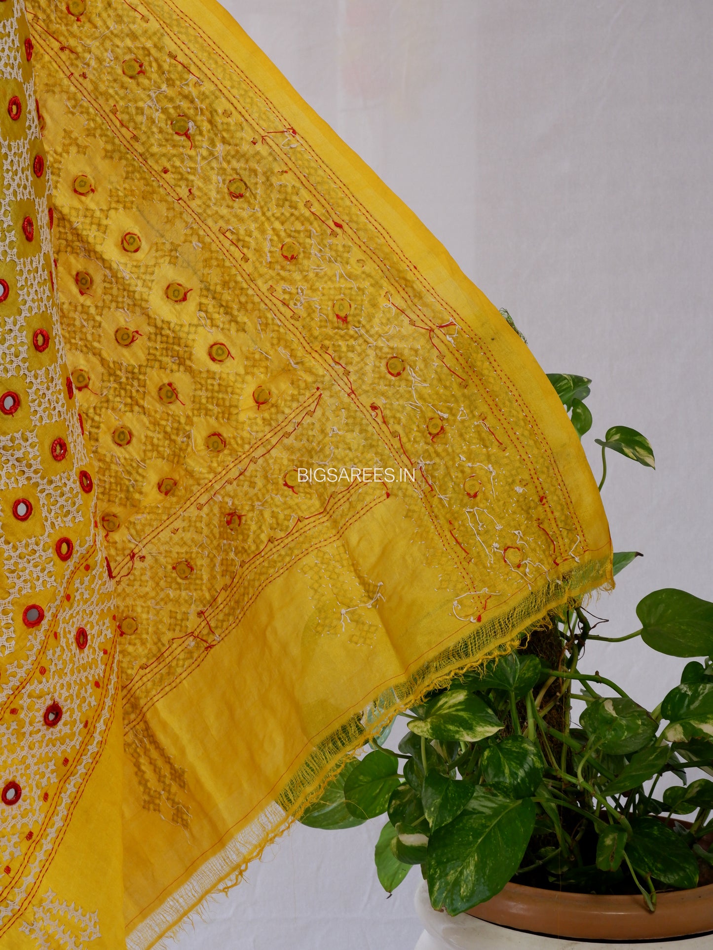 Kutchi Work Hand-Embroidered Dupatta | Pure Tussar Silk | Mirror Work | Yellow