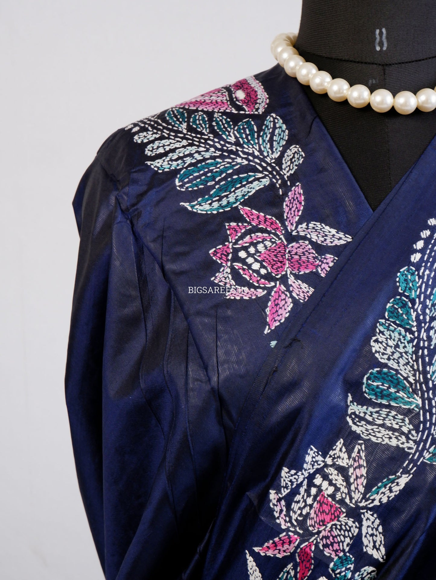 Kantha - Stitch Hand Embroidered Saree | Pure Bangalore Silk | Silk Mark Certified | Navy Blue