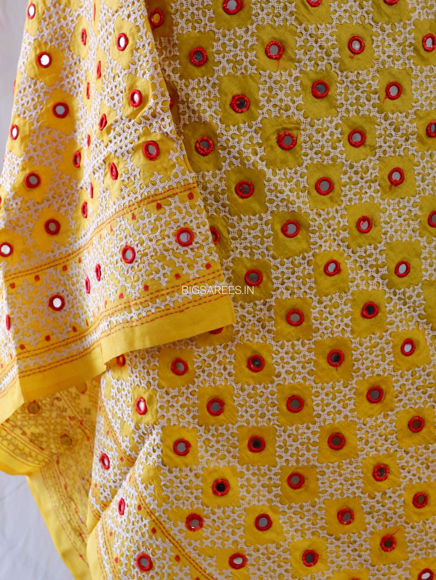 Kutchi Work Hand-Embroidered Dupatta | Pure Tussar Silk | Mirror Work | Yellow