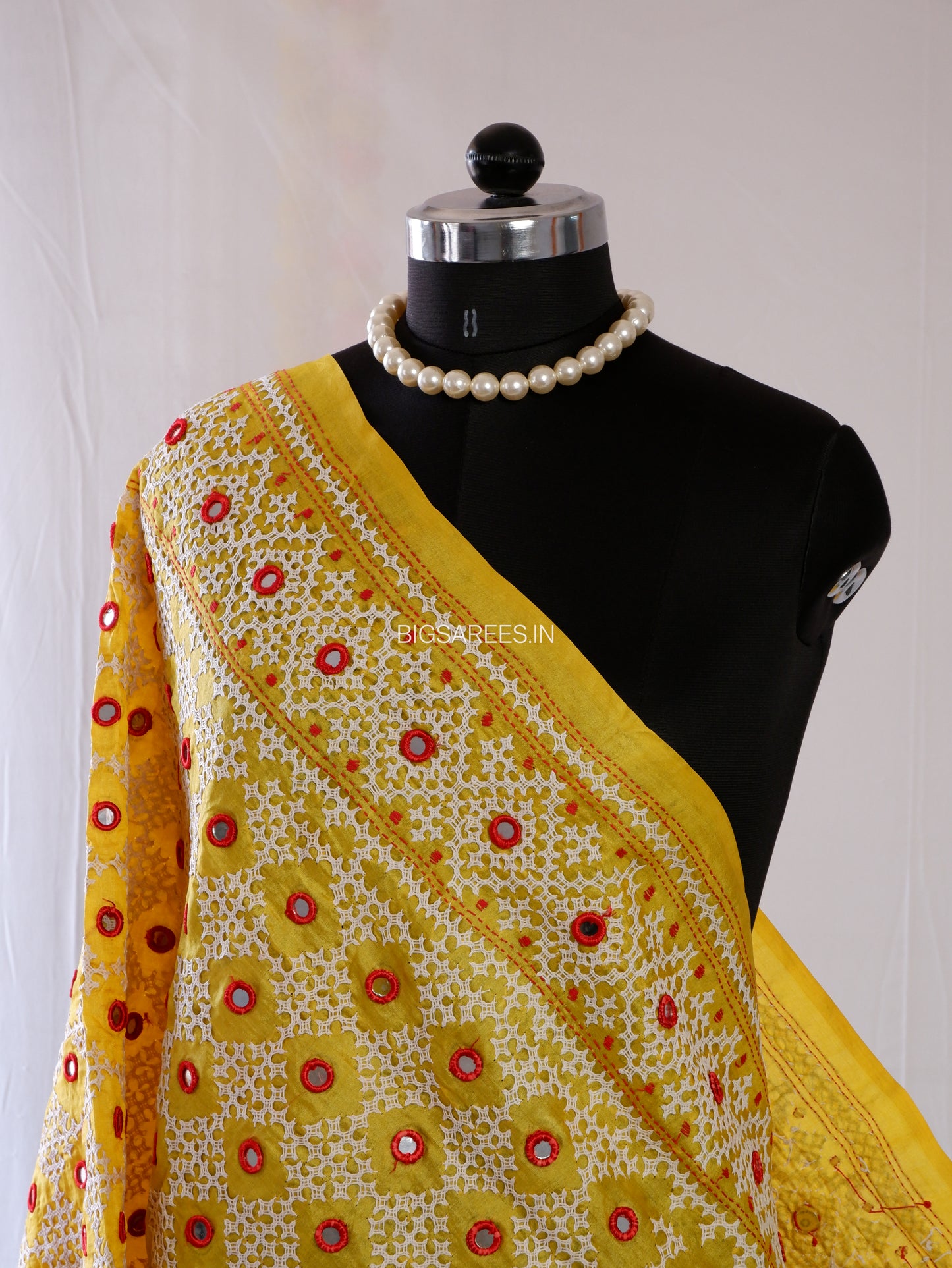 Kutchi Work Hand-Embroidered Dupatta | Pure Tussar Silk | Mirror Work | Yellow