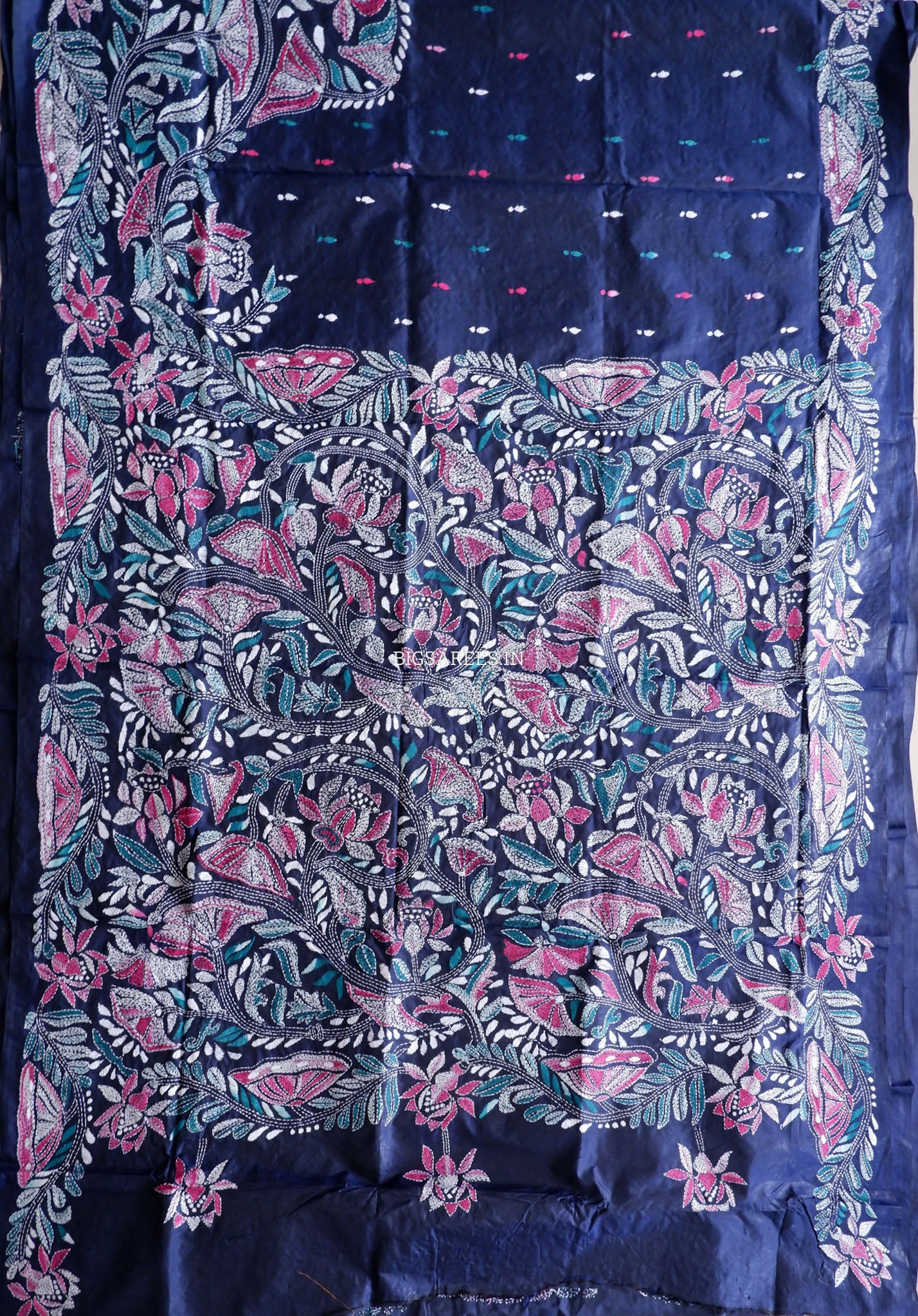 Kantha - Stitch Hand Embroidered Saree | Pure Bangalore Silk | Silk Mark Certified | Navy Blue