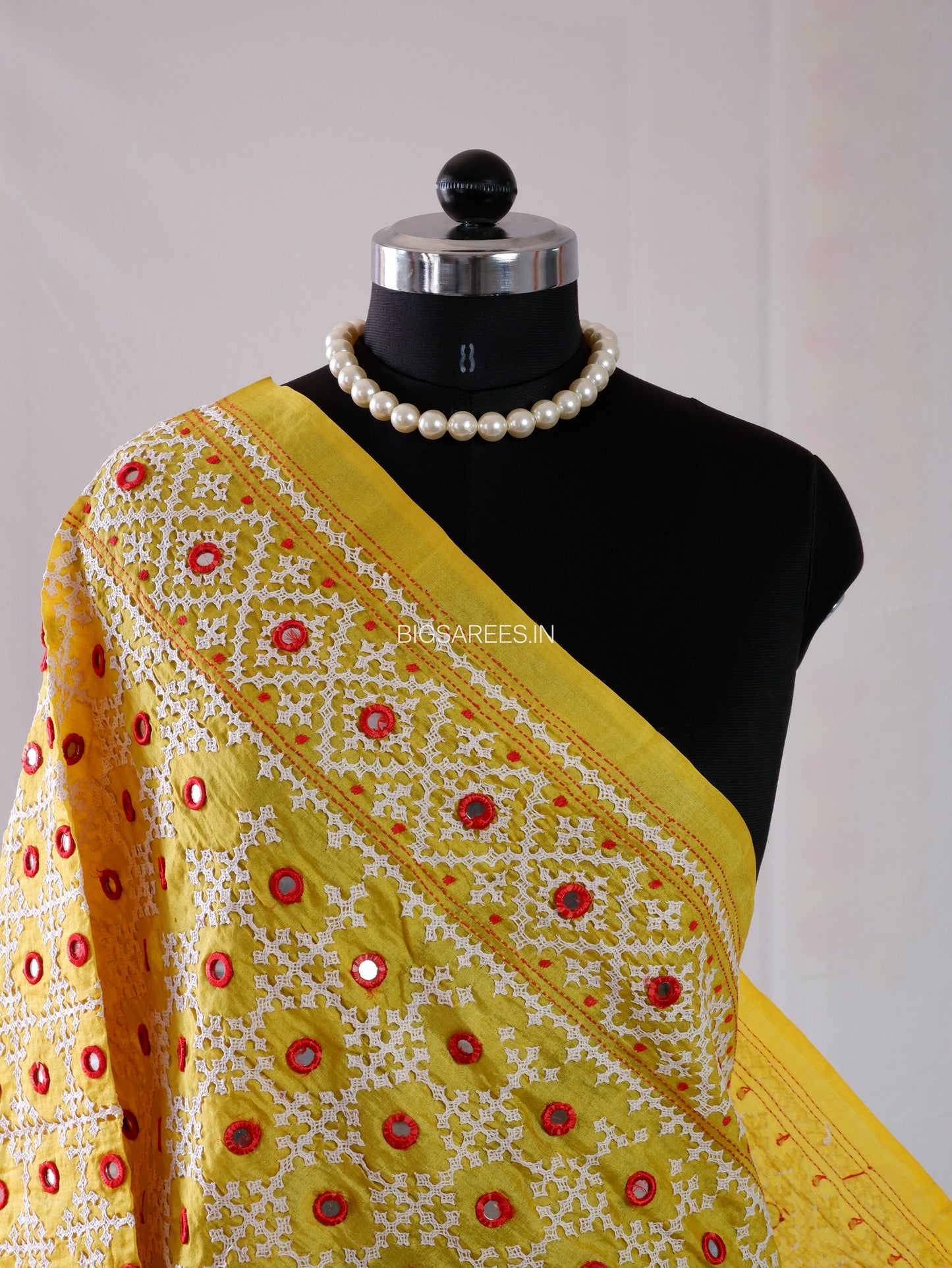Kutchi Work Hand-Embroidered Dupatta | Pure Tussar Silk | Mirror Work | Yellow