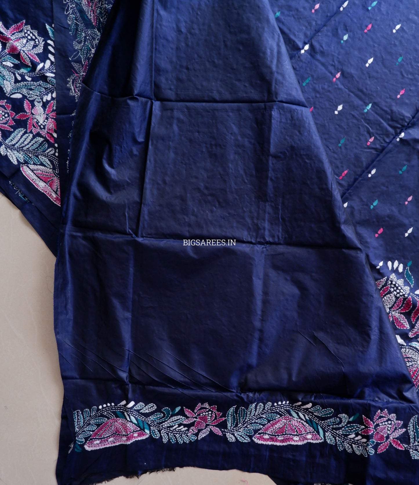 Kantha - Stitch Hand Embroidered Saree | Pure Bangalore Silk | Silk Mark Certified | Navy Blue