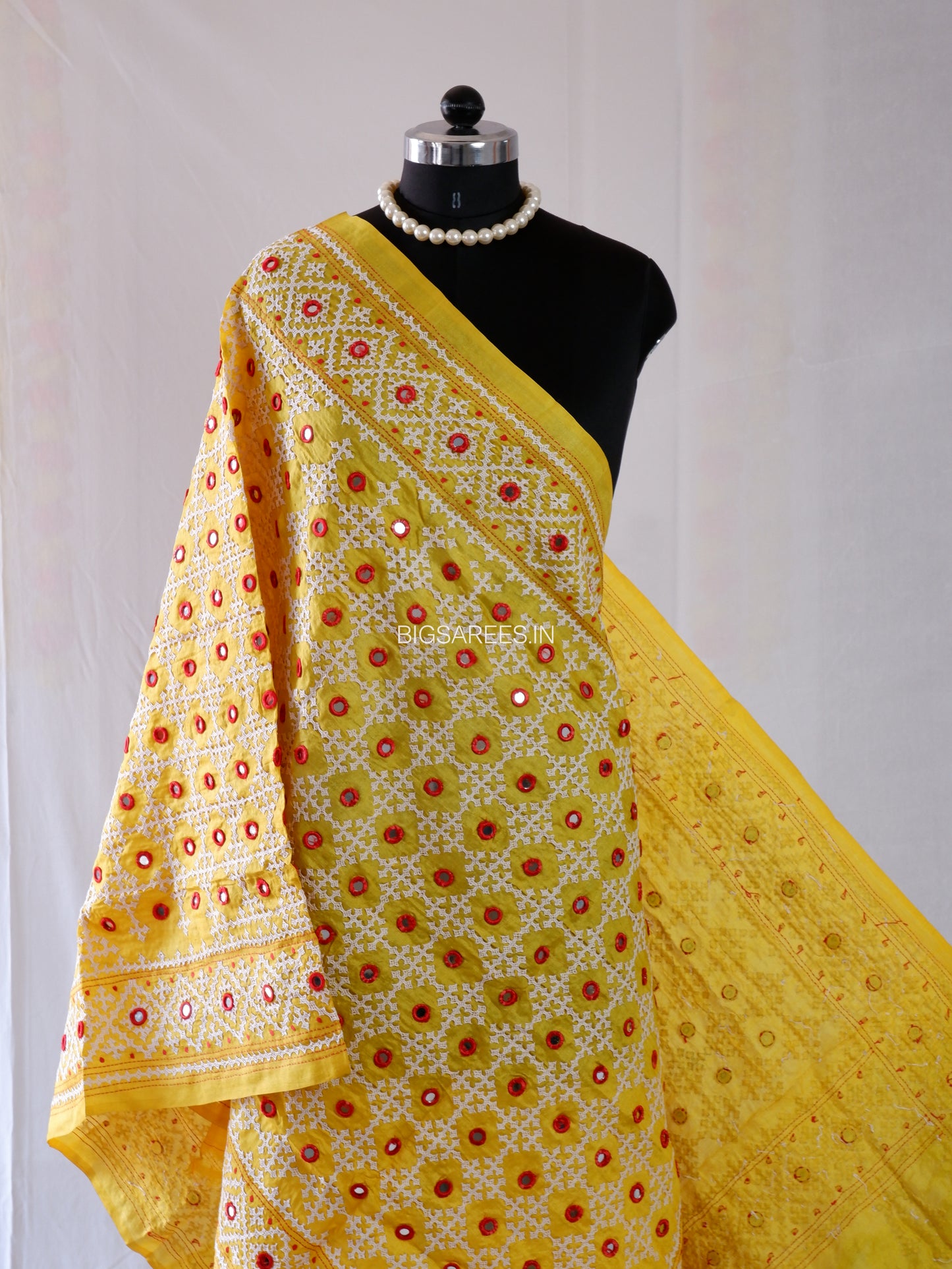 Kutchi Work Hand-Embroidered Dupatta | Pure Tussar Silk | Mirror Work | Yellow
