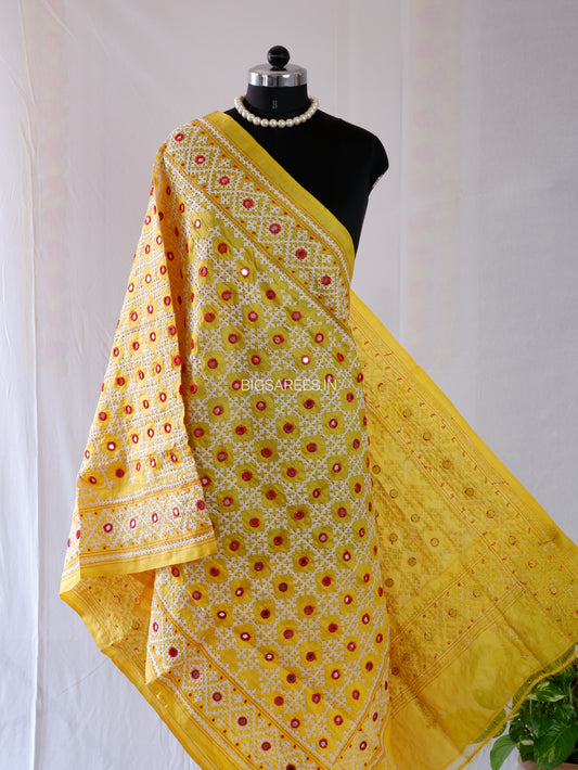 Kutchi Work Hand-Embroidered Dupatta | Pure Tussar Silk | Mirror Work | Yellow