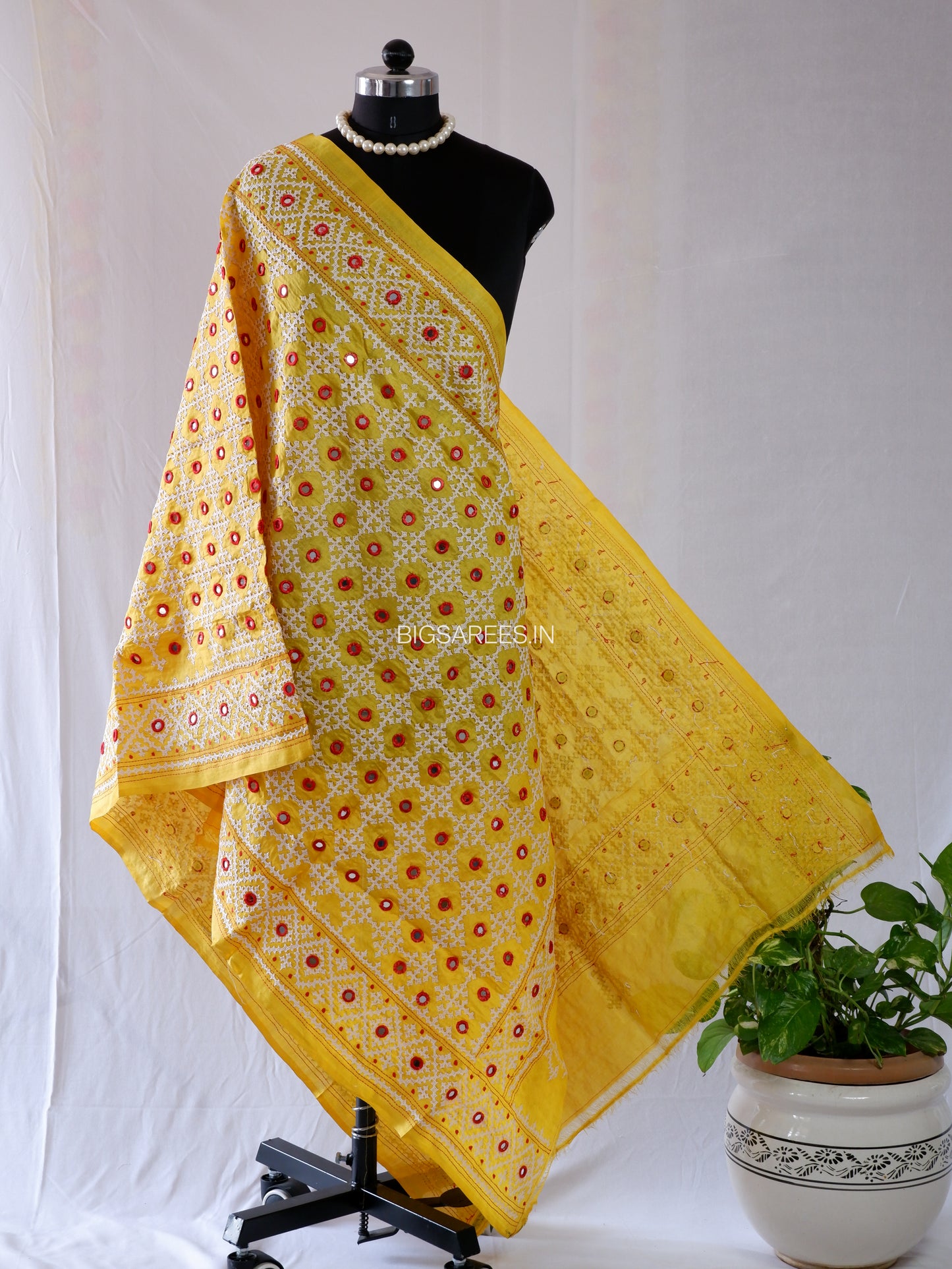Kutchi Work Hand-Embroidered Dupatta | Pure Tussar Silk | Mirror Work | Yellow