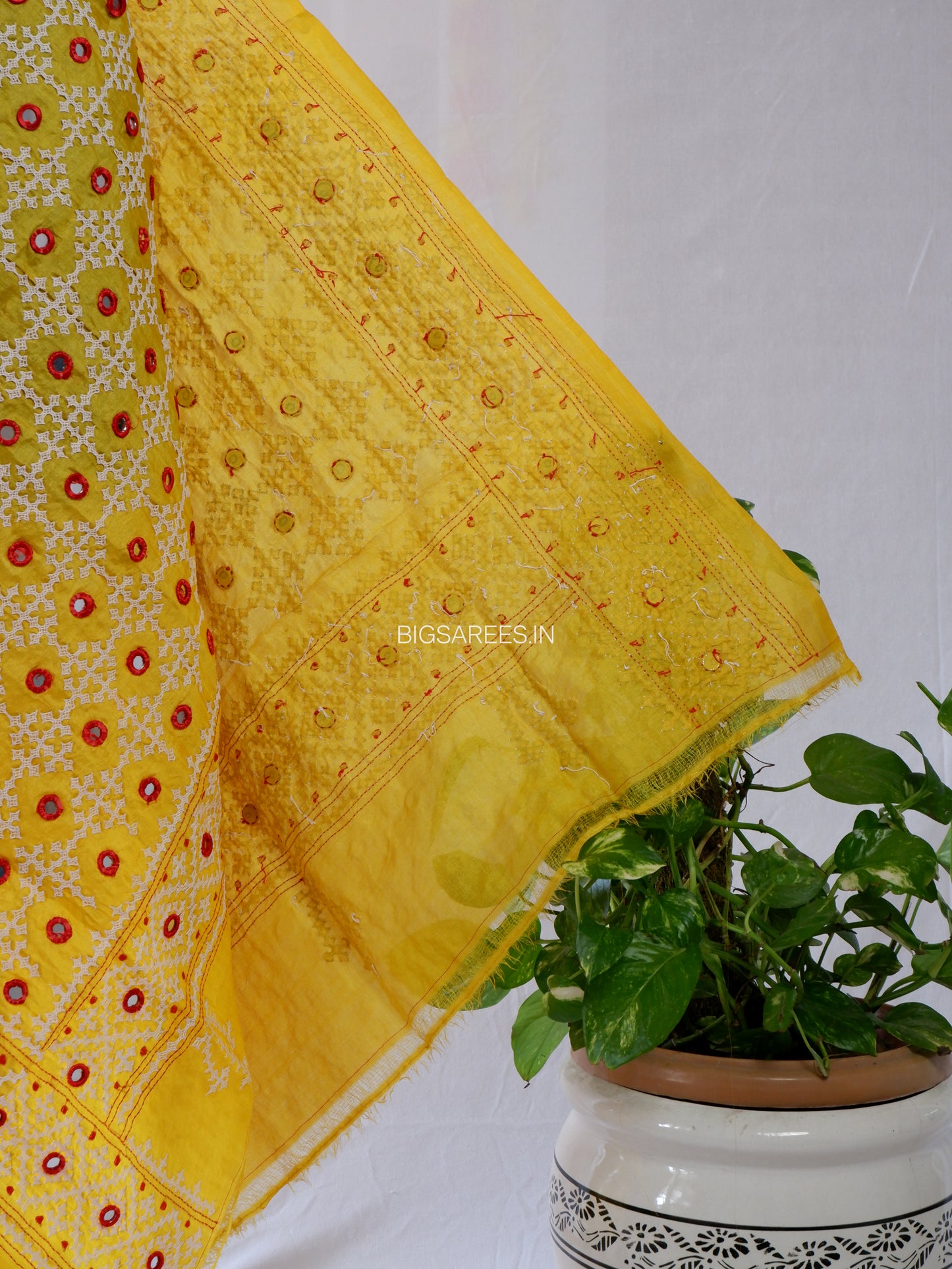 Kutchi Work Hand-Embroidered Dupatta | Pure Tussar Silk | Mirror Work | Yellow