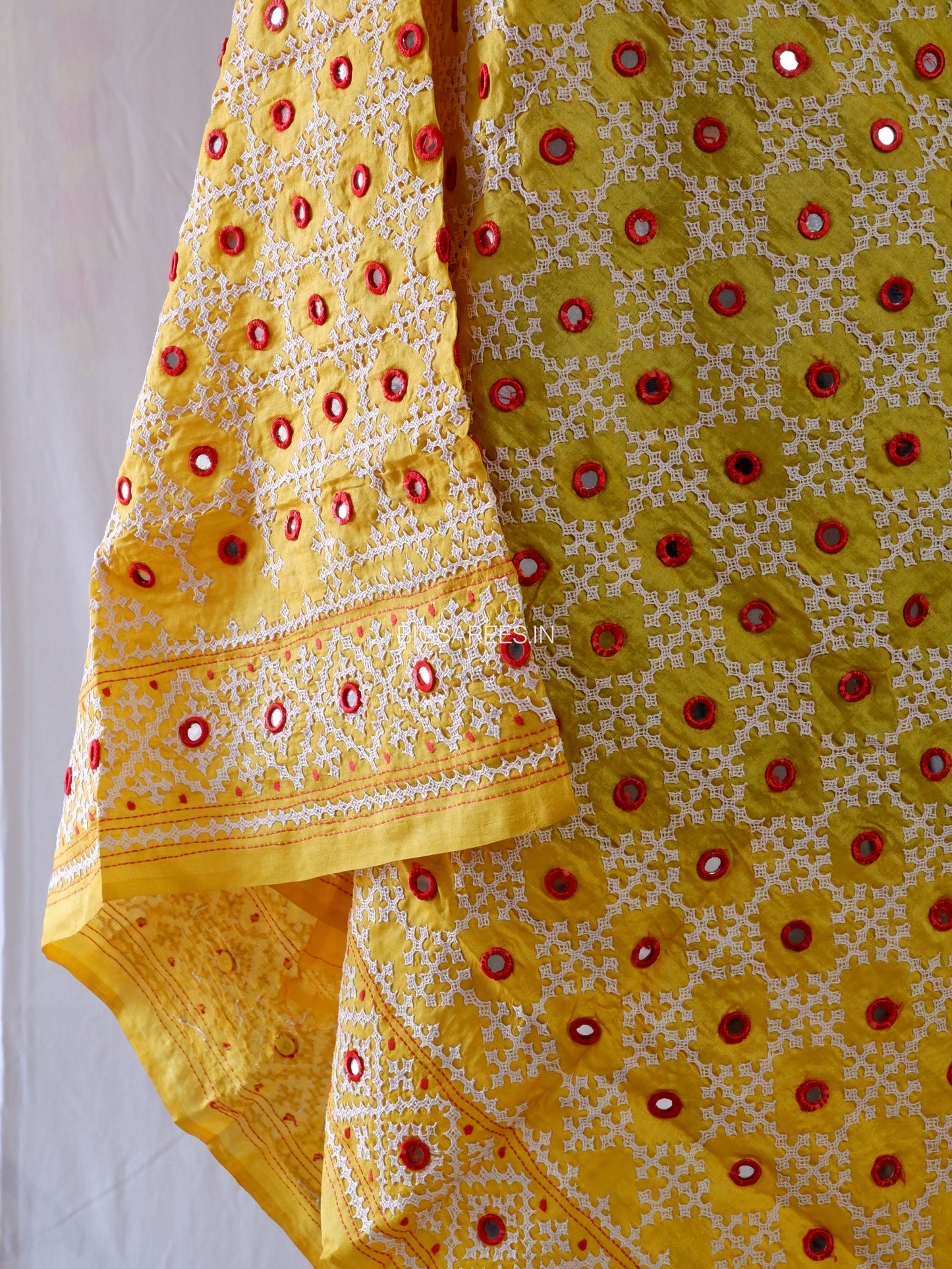 Kutchi Work Hand-Embroidered Dupatta | Pure Tussar Silk | Mirror Work | Yellow