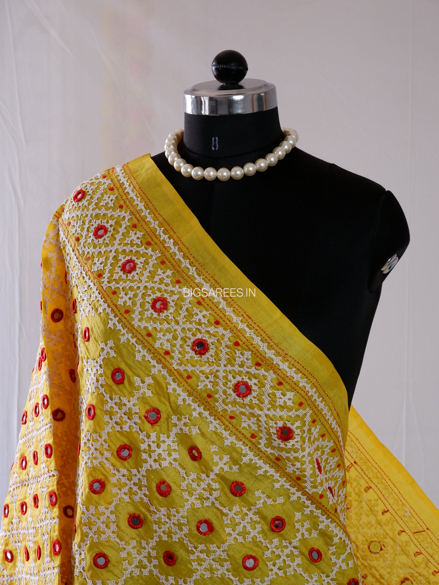 Kutchi Work Hand-Embroidered Dupatta | Pure Tussar Silk | Mirror Work | Yellow