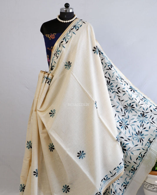 Kantha Stitch Semi Tussar with Blouse | Hand-Embroidered | Off White