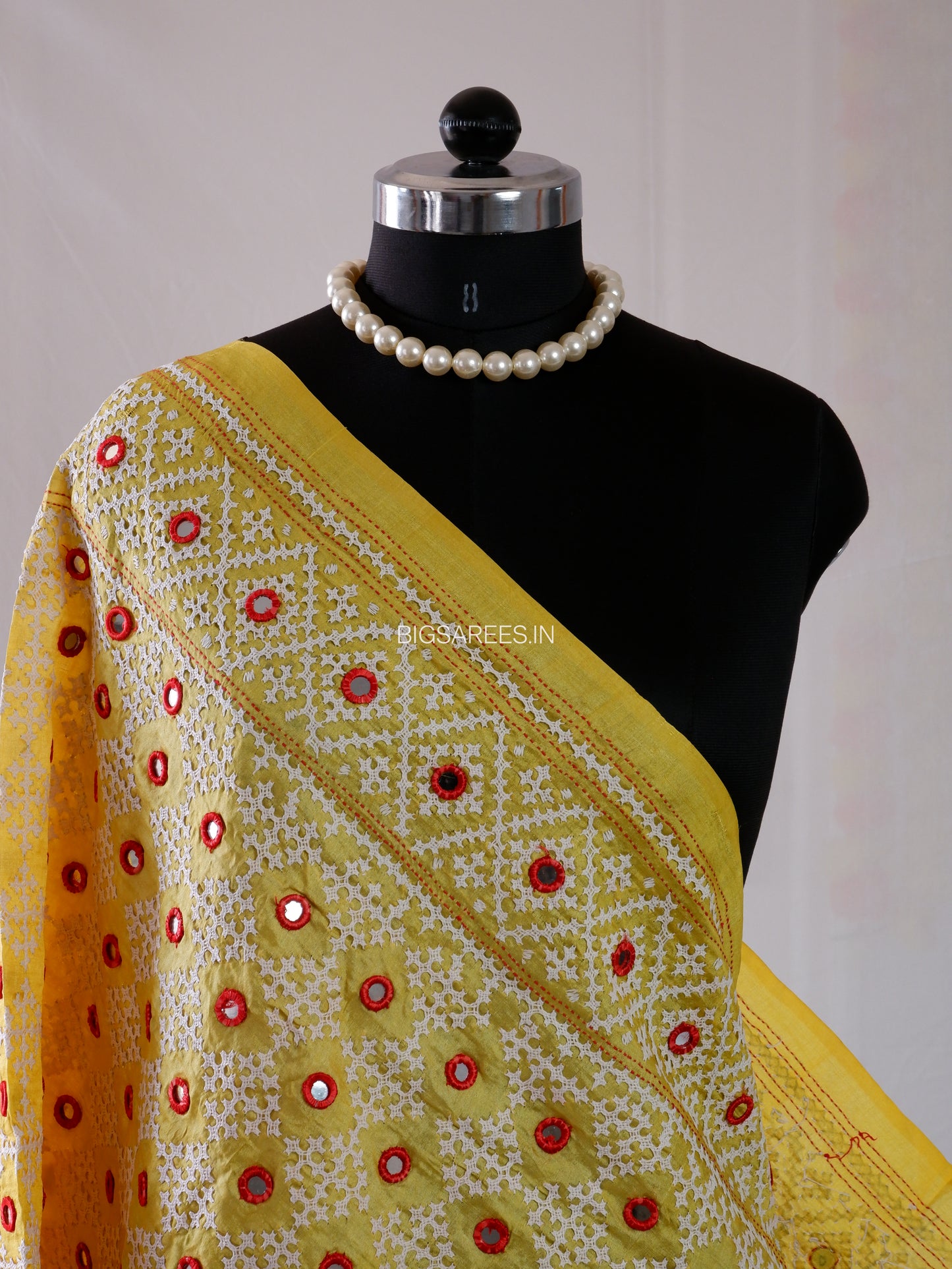 Kutchi Work Hand-Embroidered Dupatta | Pure Tussar Silk | Mirror Work | Yellow