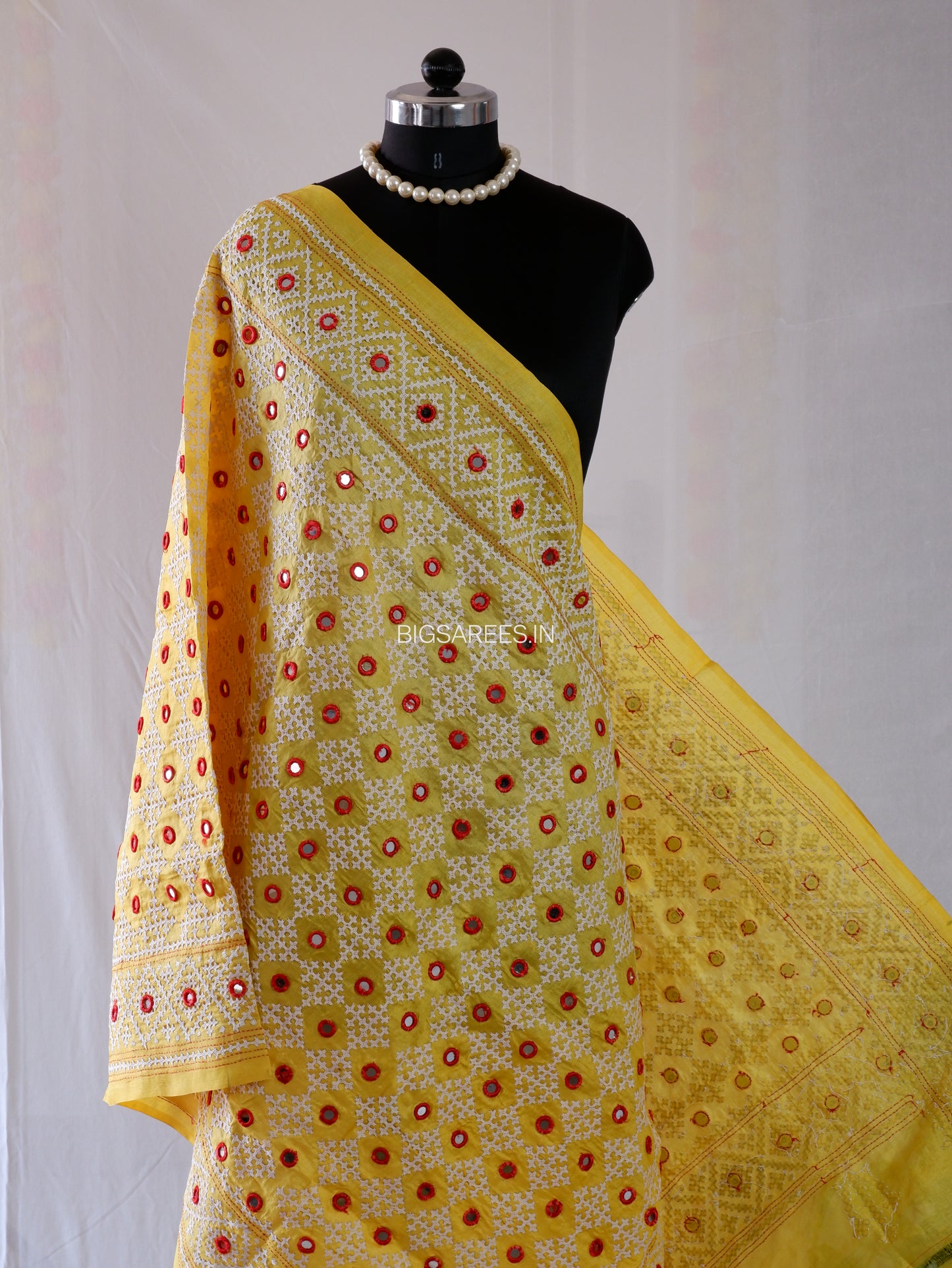 Kutchi Work Hand-Embroidered Dupatta | Pure Tussar Silk | Mirror Work | Yellow
