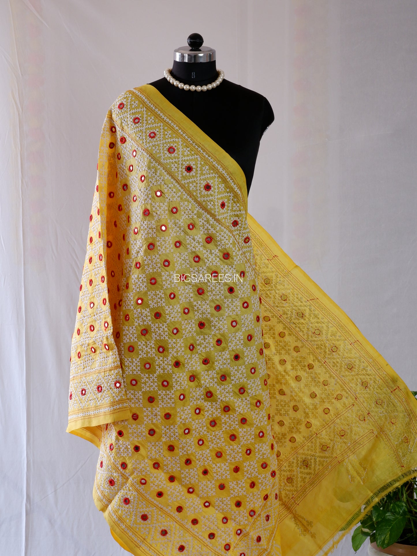 Kutchi Work Hand-Embroidered Dupatta | Pure Tussar Silk | Mirror Work | Yellow
