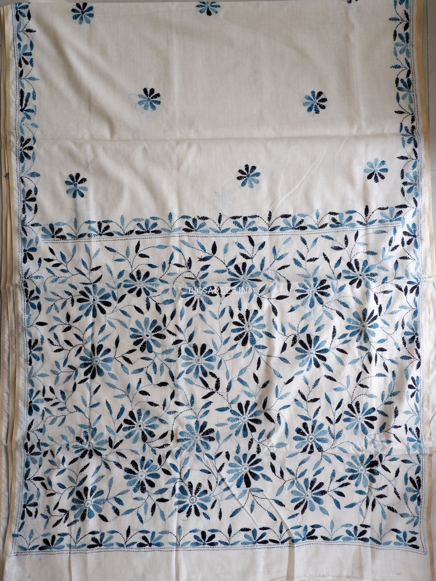 Kantha Stitch Semi Tussar with Blouse | Hand-Embroidered | Off White