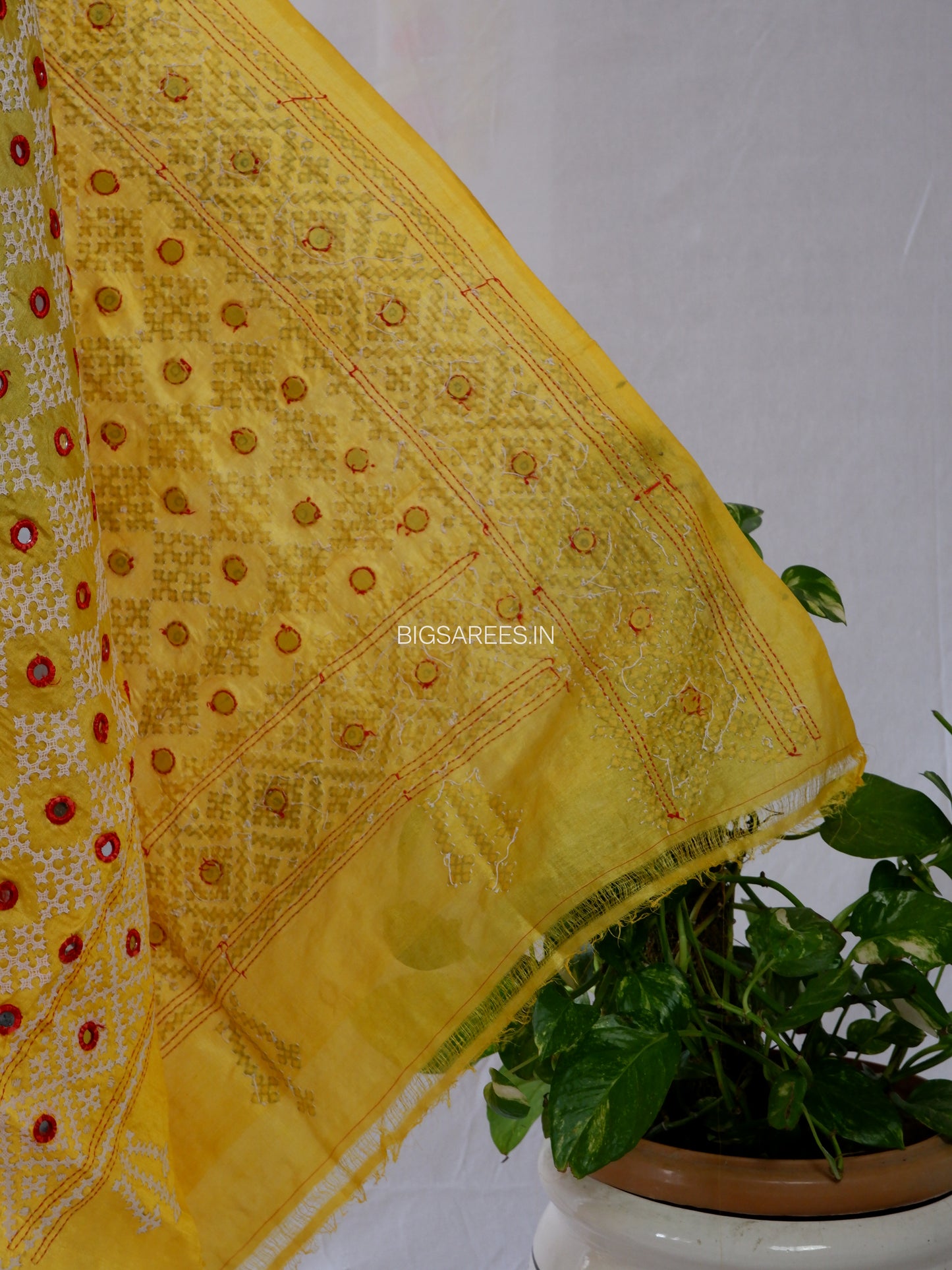 Kutchi Work Hand-Embroidered Dupatta | Pure Tussar Silk | Mirror Work | Yellow