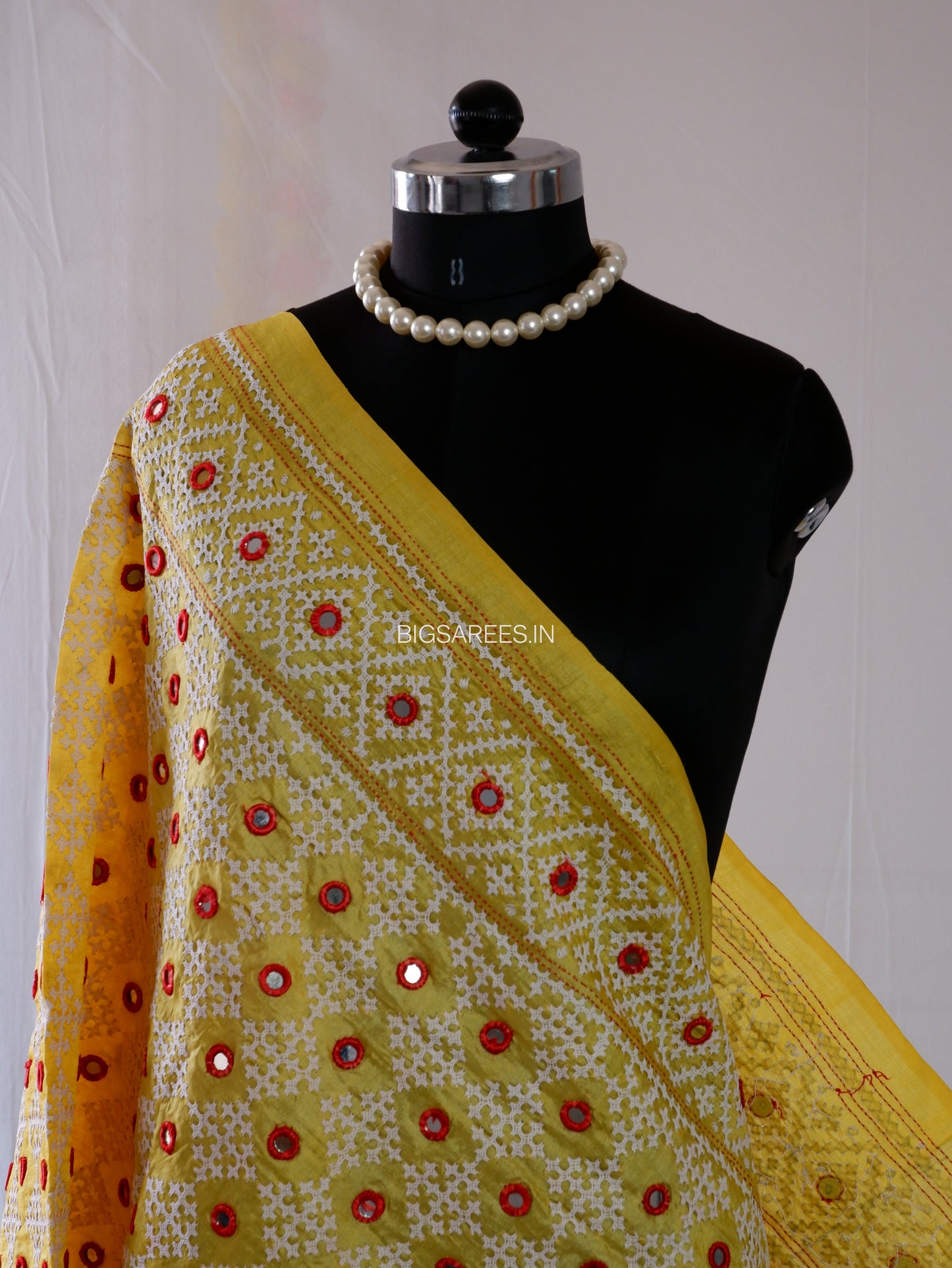 Kutchi Work Hand-Embroidered Dupatta | Pure Tussar Silk | Mirror Work | Yellow