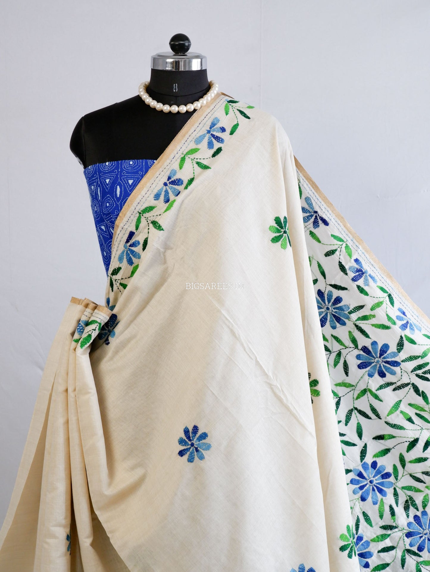 Kantha Stitch Semi Tussar with Blouse | Hand-Embroidered | Off White