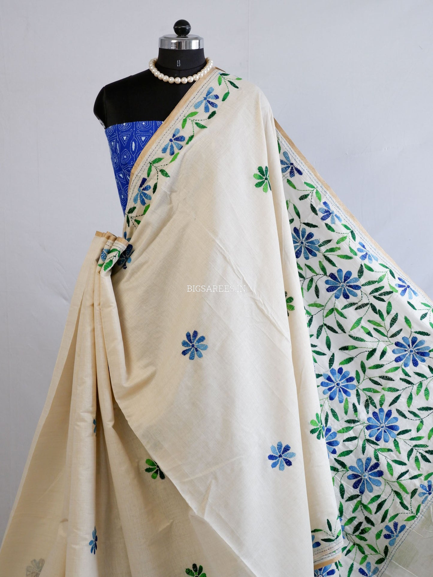 Kantha Stitch Semi Tussar with Blouse | Hand-Embroidered | Off White