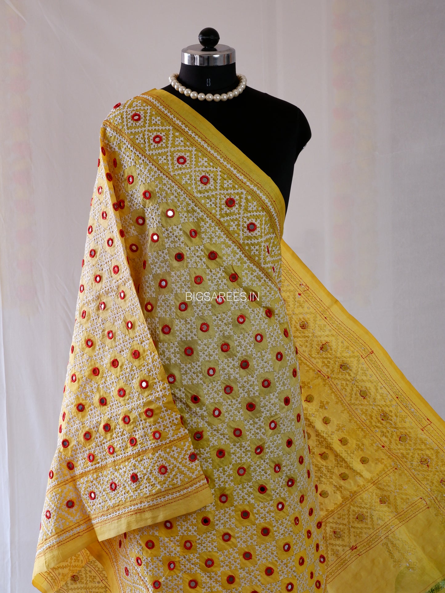 Kutchi Work Hand-Embroidered Dupatta | Pure Tussar Silk | Mirror Work | Yellow