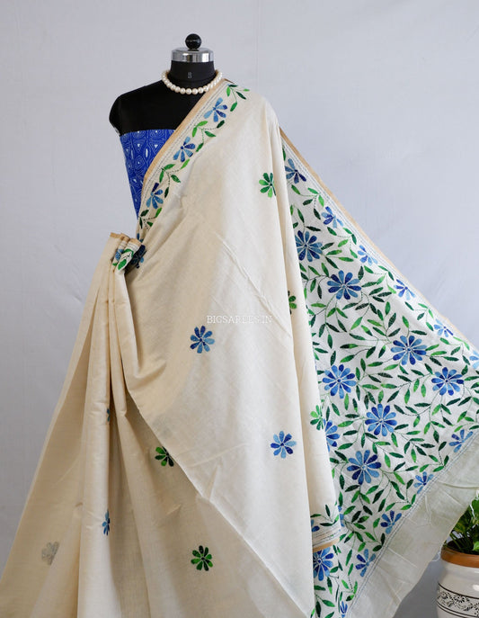 Kantha Stitch Semi Tussar with Blouse | Hand-Embroidered | Off White