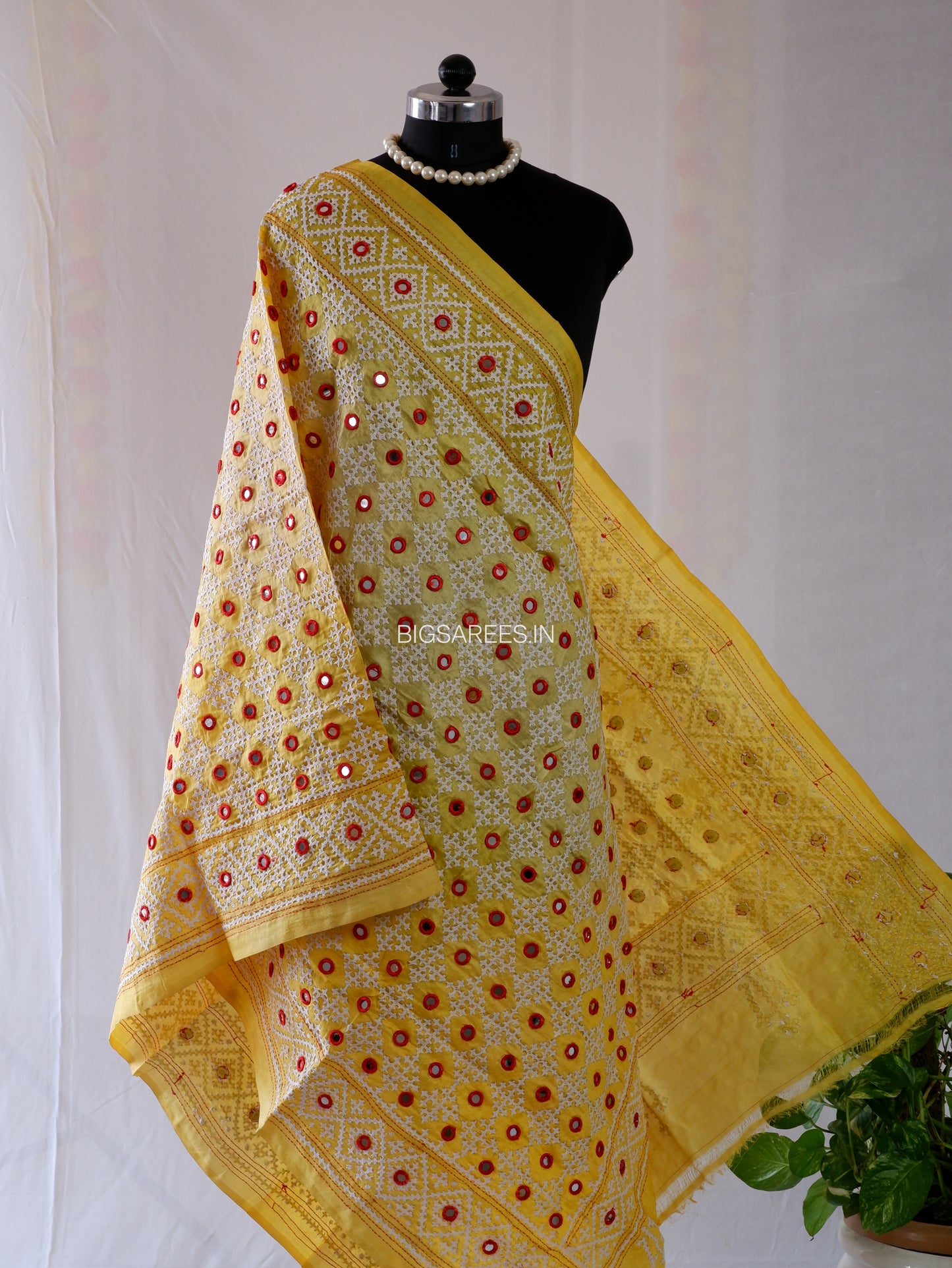 Kutchi Work Hand-Embroidered Dupatta | Pure Tussar Silk | Mirror Work | Yellow