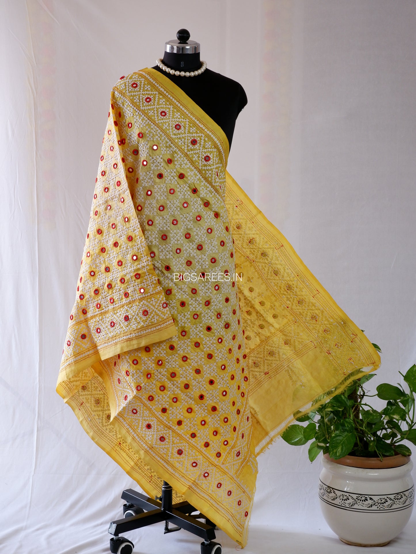 Kutchi Work Hand-Embroidered Dupatta | Pure Tussar Silk | Mirror Work | Yellow