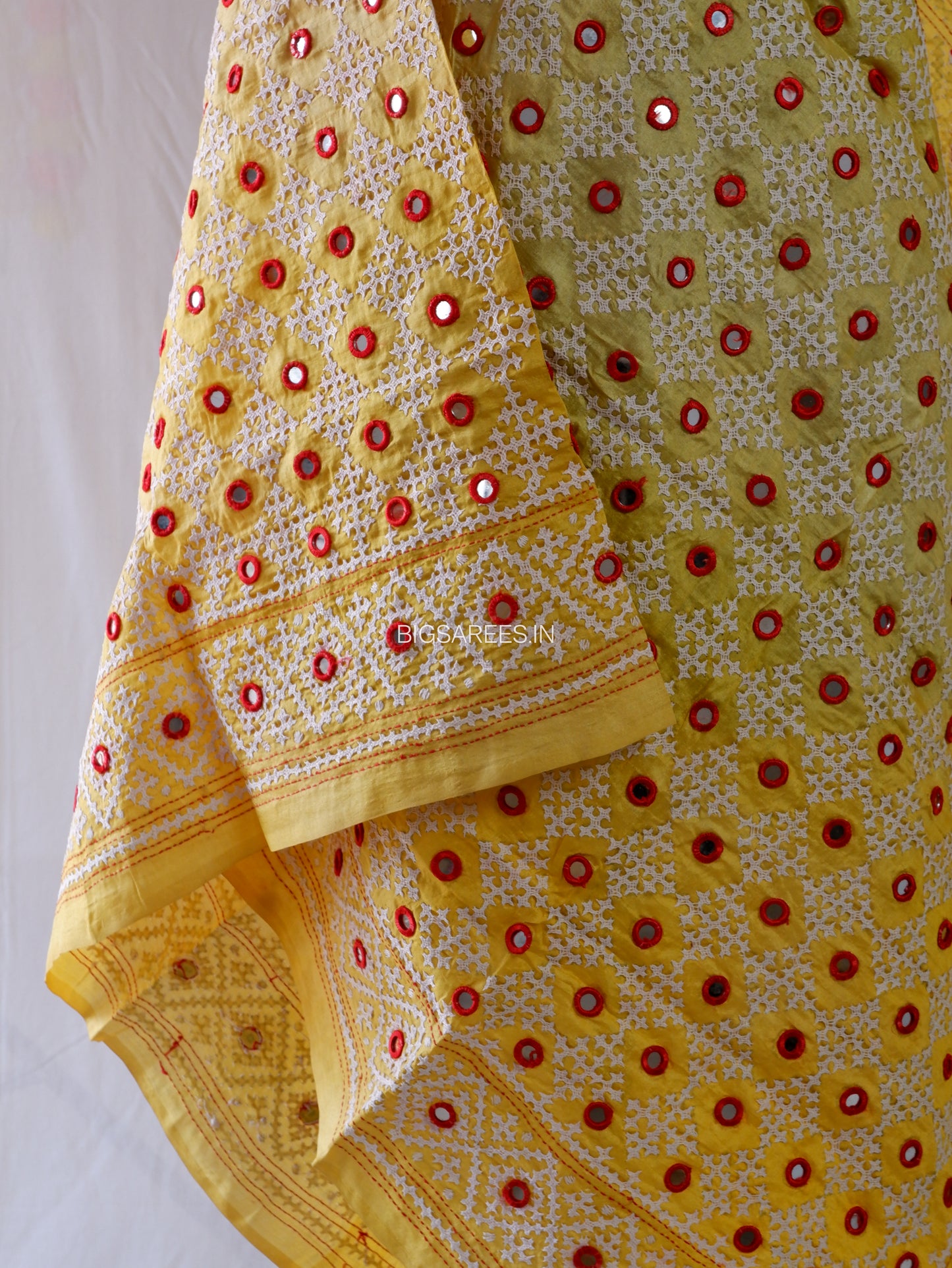 Kutchi Work Hand-Embroidered Dupatta | Pure Tussar Silk | Mirror Work | Yellow
