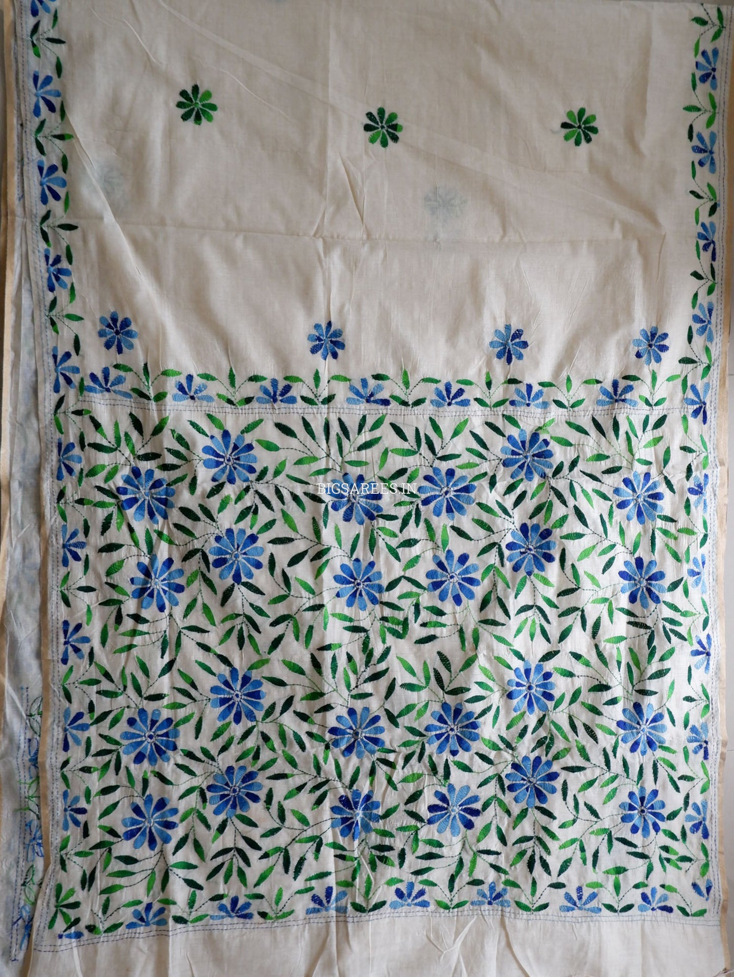Kantha Stitch Semi Tussar with Blouse | Hand-Embroidered | Off White