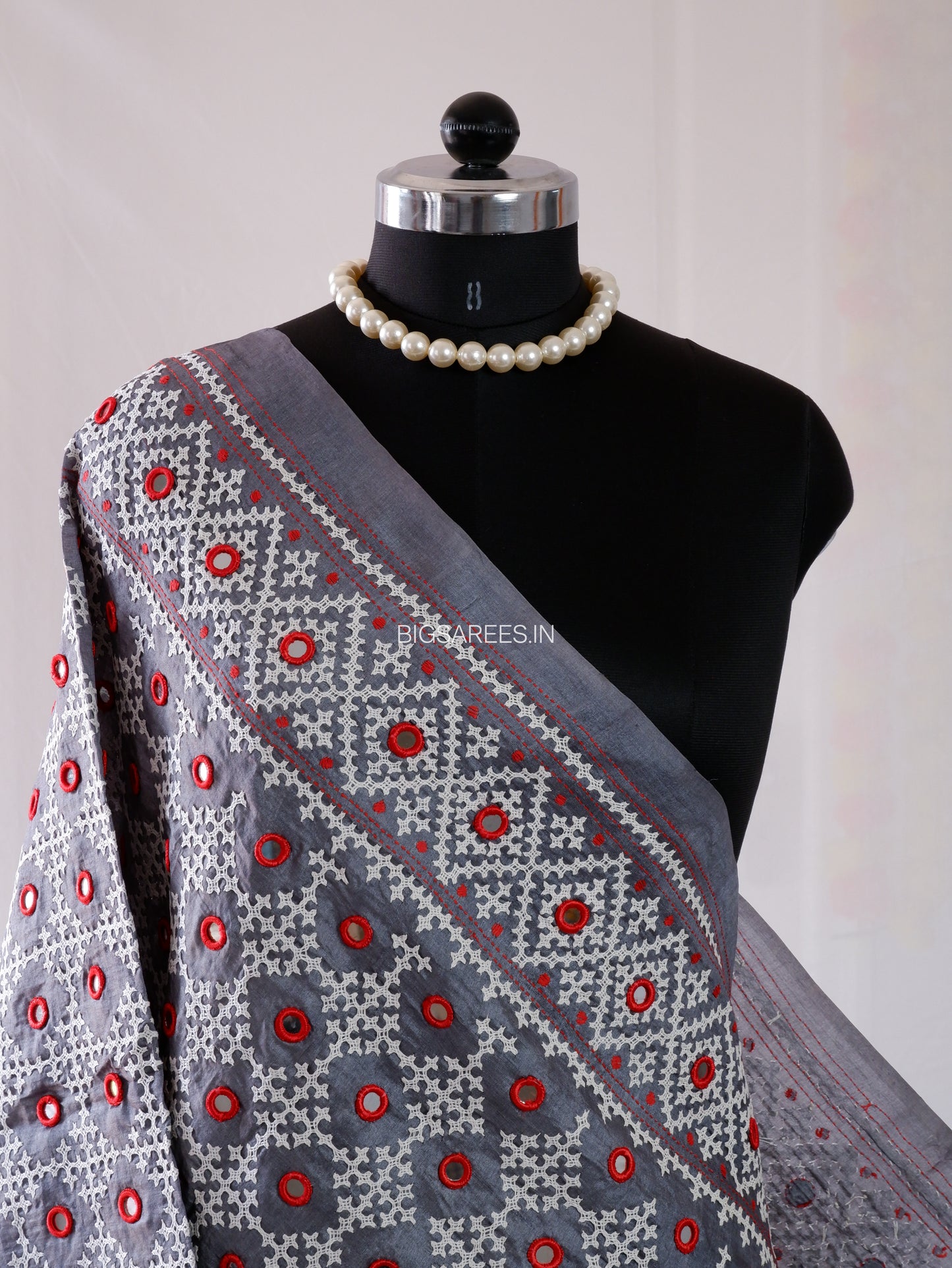 Kutchi Work Hand-Embroidered Dupatta | Pure Tussar Silk | Mirror Work | Midnight Gray