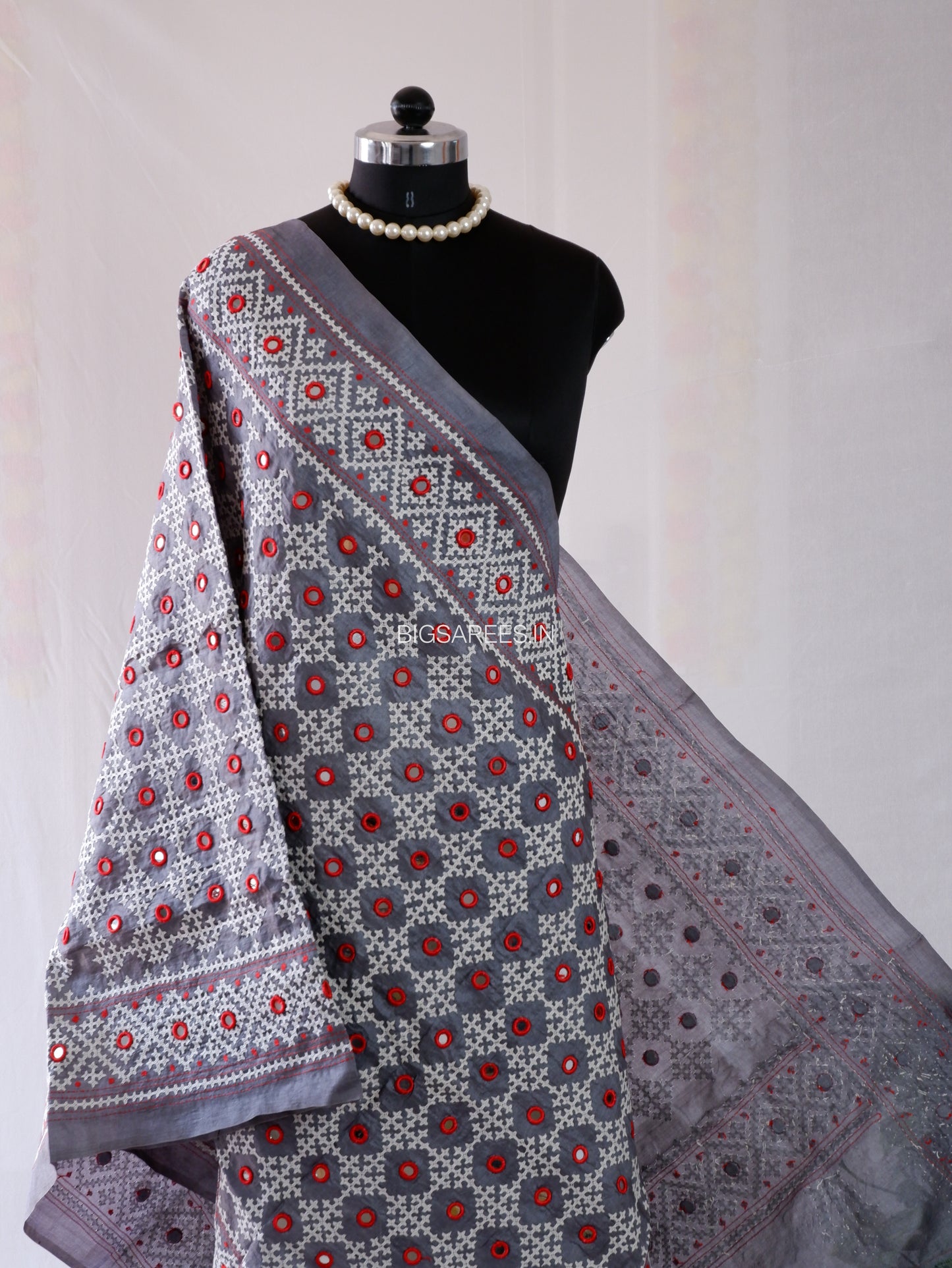 Kutchi Work Hand-Embroidered Dupatta | Pure Tussar Silk | Mirror Work | Midnight Gray