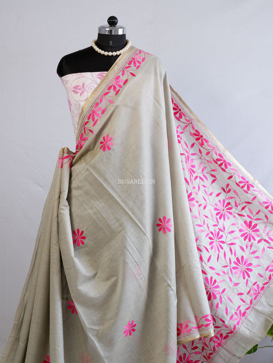 Kantha Stitch Semi Tussar with Blouse | Hand-Embroidered | Dark Beige