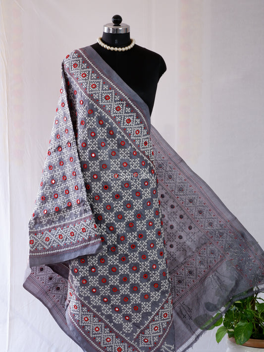 Kutchi Work Hand-Embroidered Dupatta | Pure Tussar Silk | Mirror Work | Midnight Gray