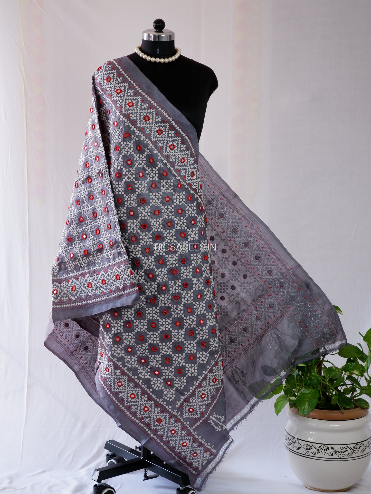 Kutchi Work Hand-Embroidered Dupatta | Pure Tussar Silk | Mirror Work | Midnight Gray