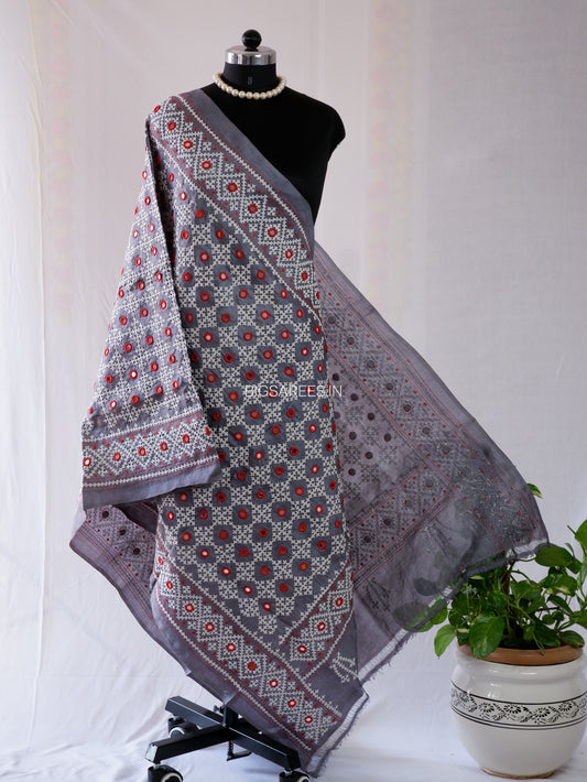Kutchi Work Hand-Embroidered Dupatta | Pure Tussar Silk | Mirror Work | Midnight Gray