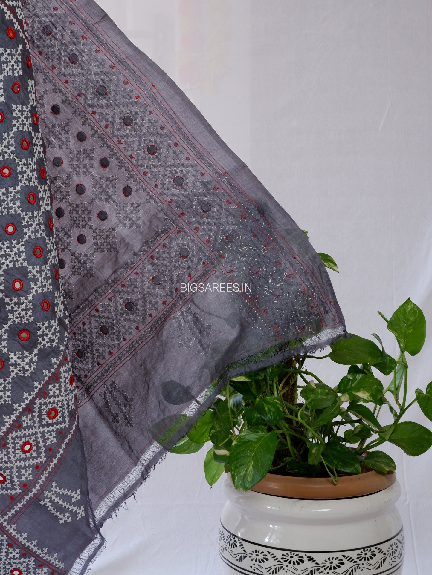 Kutchi Work Hand-Embroidered Dupatta | Pure Tussar Silk | Mirror Work | Midnight Gray