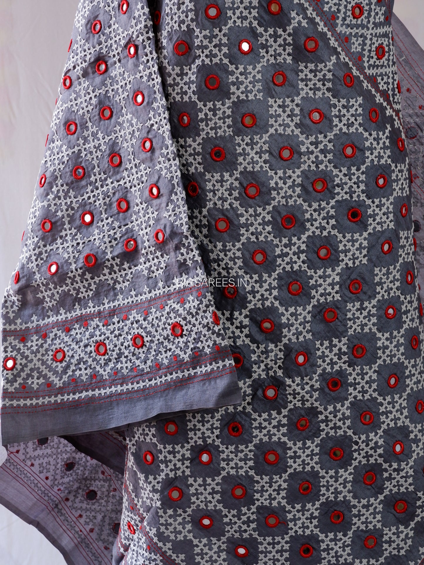 Kutchi Work Hand-Embroidered Dupatta | Pure Tussar Silk | Mirror Work | Midnight Gray