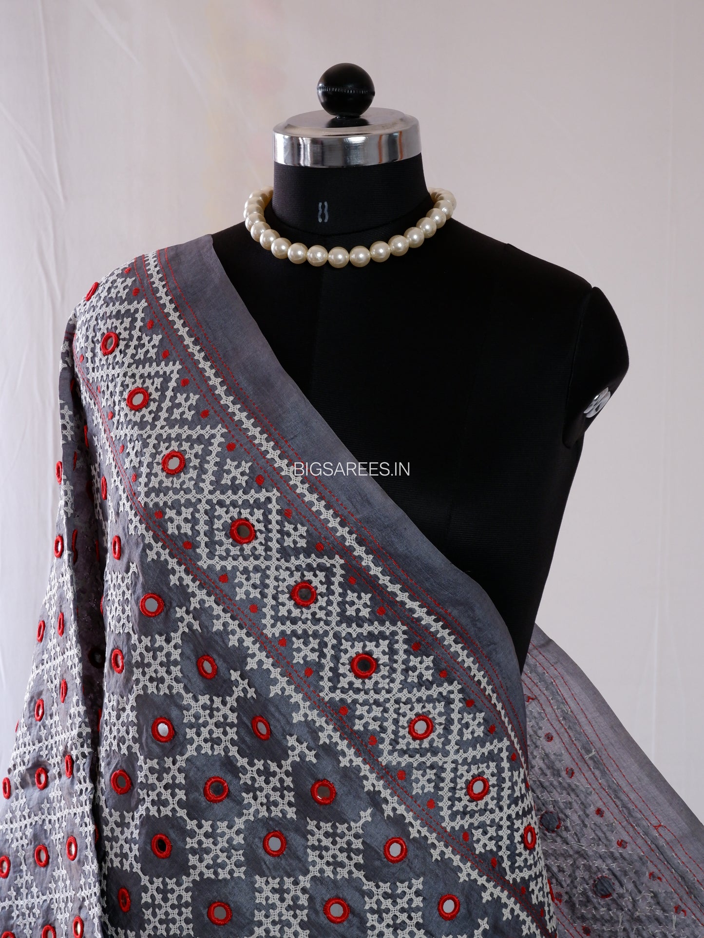 Kutchi Work Hand-Embroidered Dupatta | Pure Tussar Silk | Mirror Work | Midnight Gray