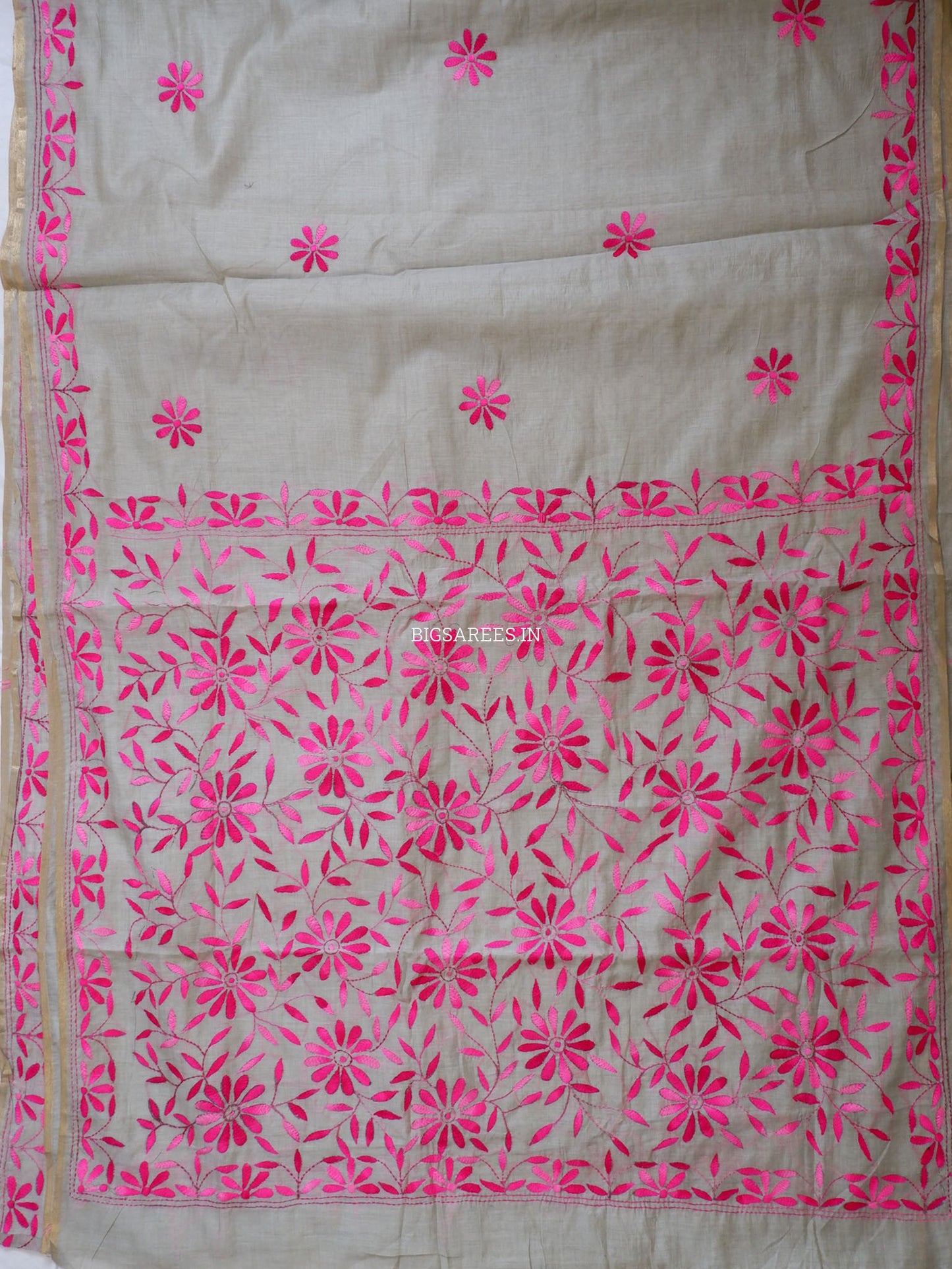 Kantha Stitch Semi Tussar with Blouse | Hand-Embroidered | Dark Beige