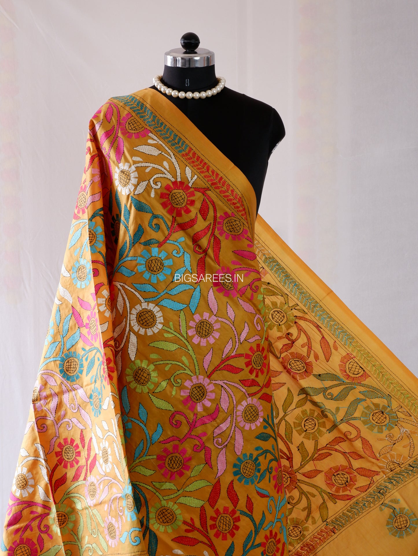 Kantha Hand-Embroidered Dupatta | Pure Bangalore Silk | Full Work | Silk Mark Certified