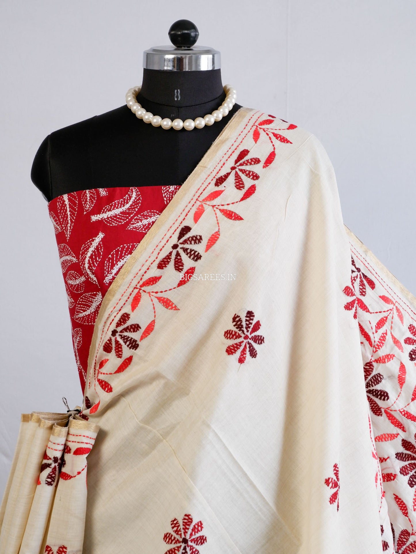 Kantha Stitch Semi Tussar with Blouse | Hand-Embroidered | Off White