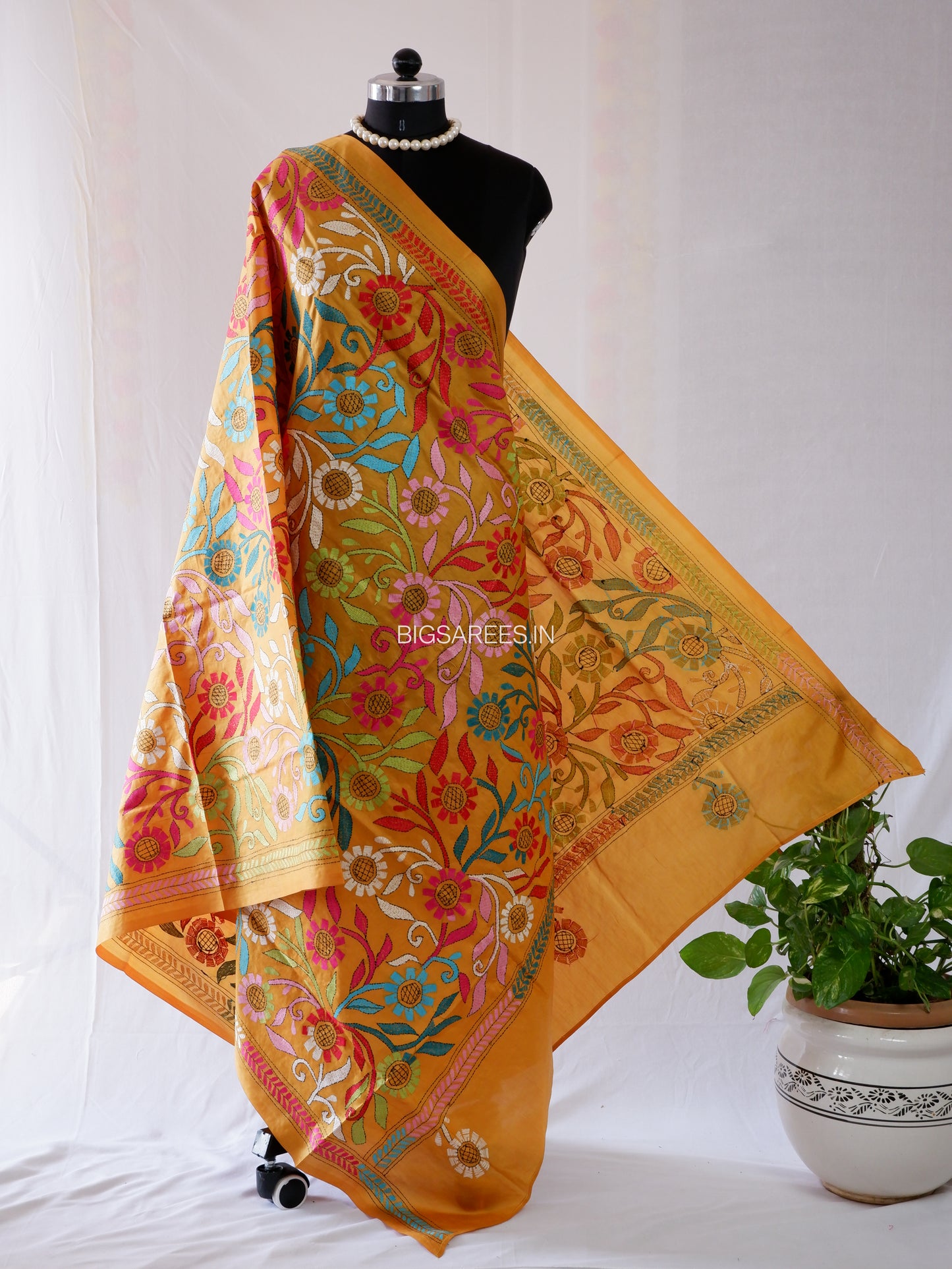 Kantha Hand-Embroidered Dupatta | Pure Bangalore Silk | Full Work | Silk Mark Certified