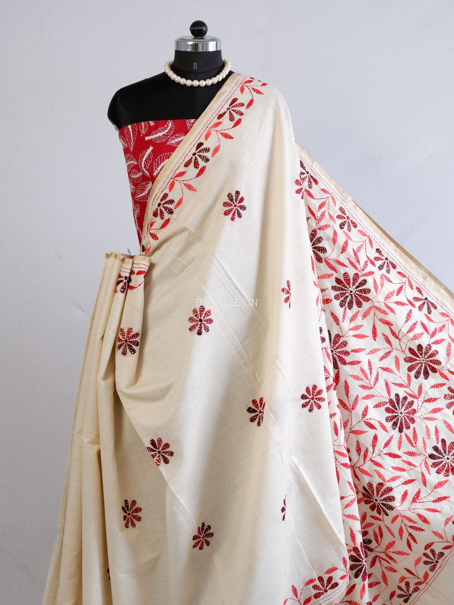 Kantha Stitch Semi Tussar with Blouse | Hand-Embroidered | Off White