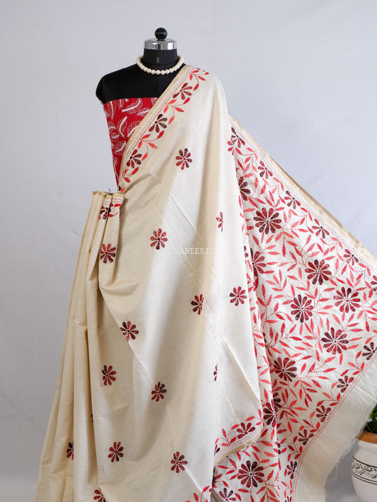 Kantha Stitch Semi Tussar with Blouse | Hand-Embroidered | Off White