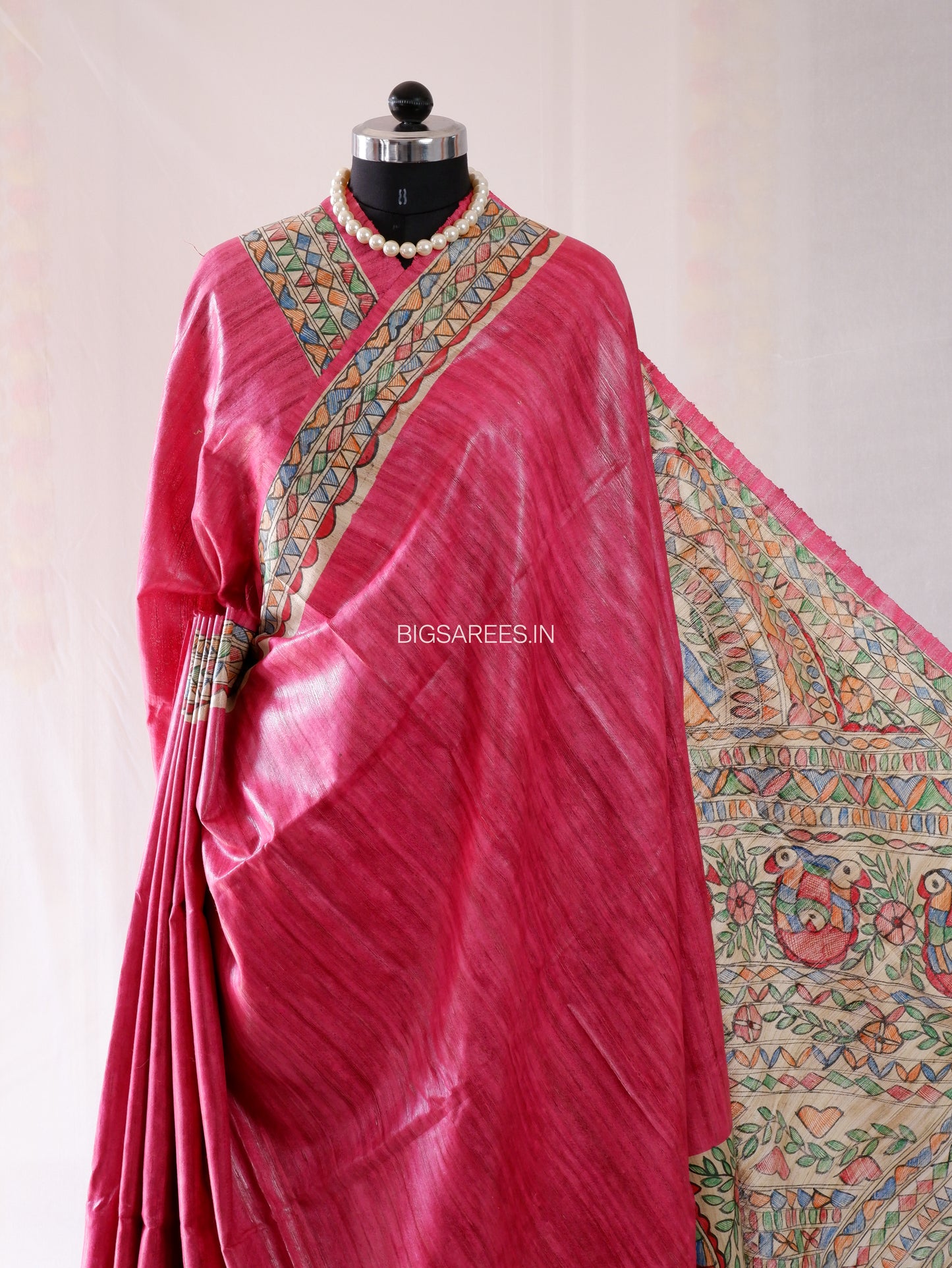 Handcrafted Madhubani Saree | Pure Tussar Ghicha Silk | Silk Mark Certified | Pink
