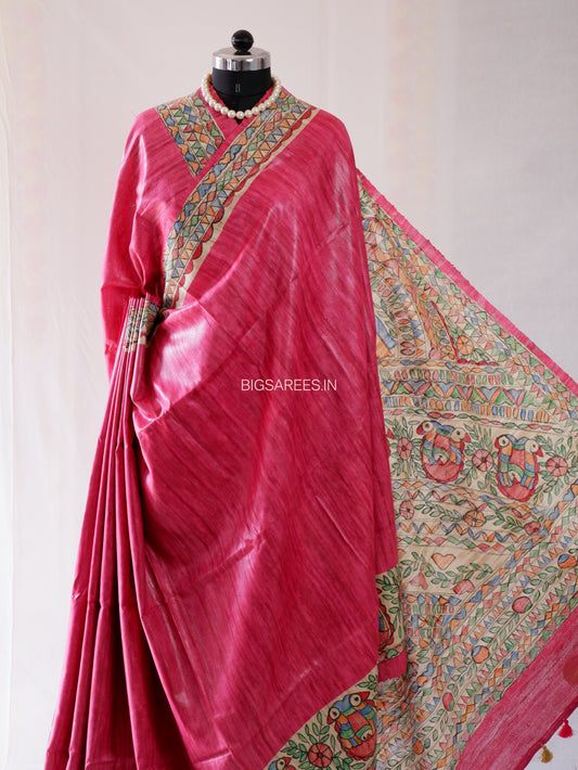 Handcrafted Madhubani Saree | Pure Tussar Ghicha Silk | Silk Mark Certified | Pink