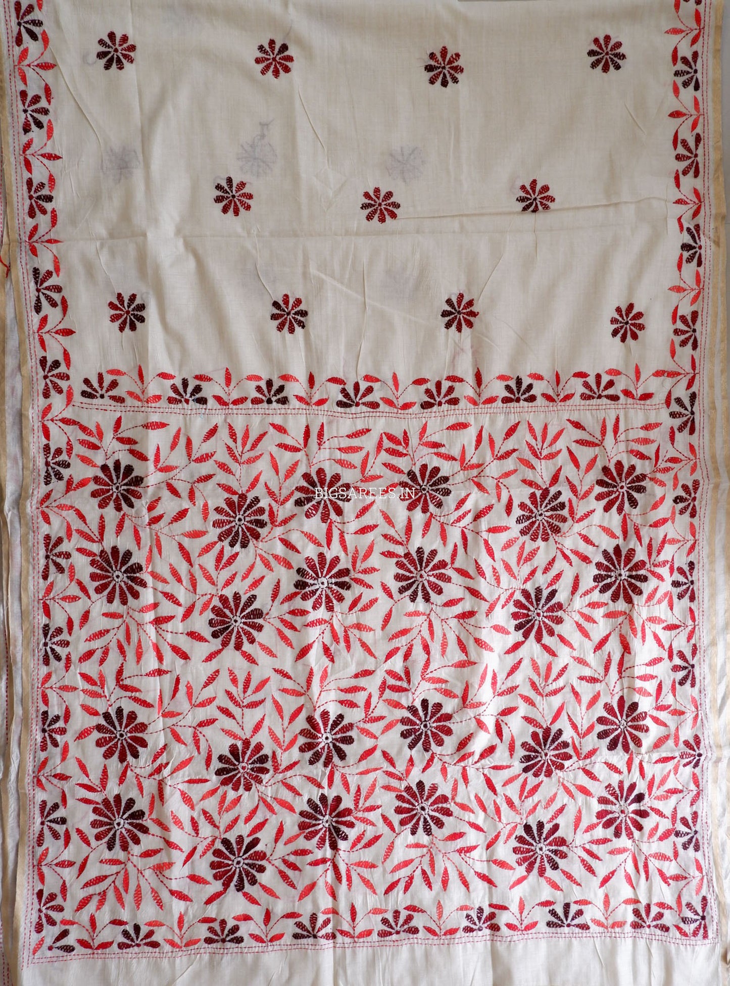 Kantha Stitch Semi Tussar with Blouse | Hand-Embroidered | Off White