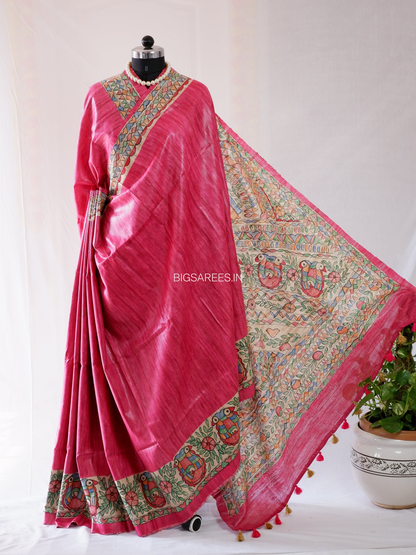 Handcrafted Madhubani Saree | Pure Tussar Ghicha Silk | Silk Mark Certified | Pink
