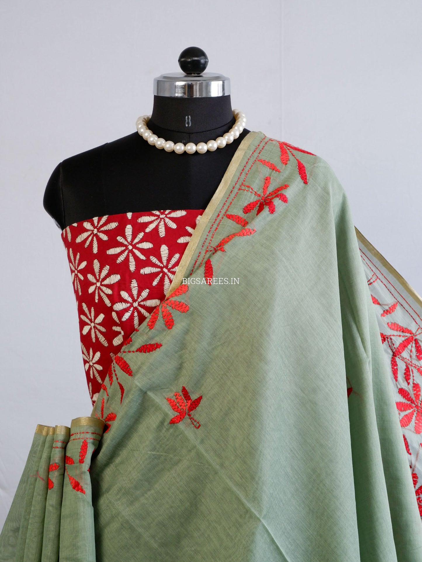 Kantha Stitch Semi Tussar with Blouse | Hand-Embroidered | Dark Sage